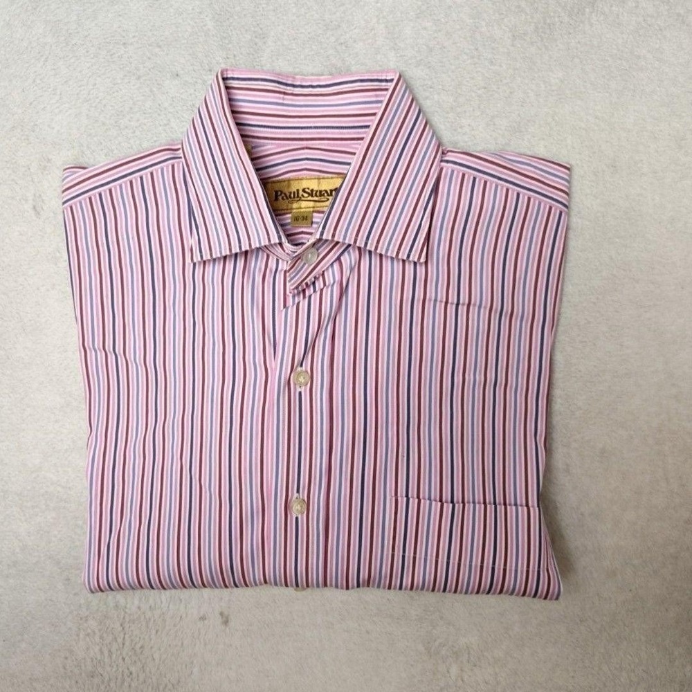 Paul Stuart Shirt Mens 16 34 Pink Striped Dress Classic Point Collar Embroidered